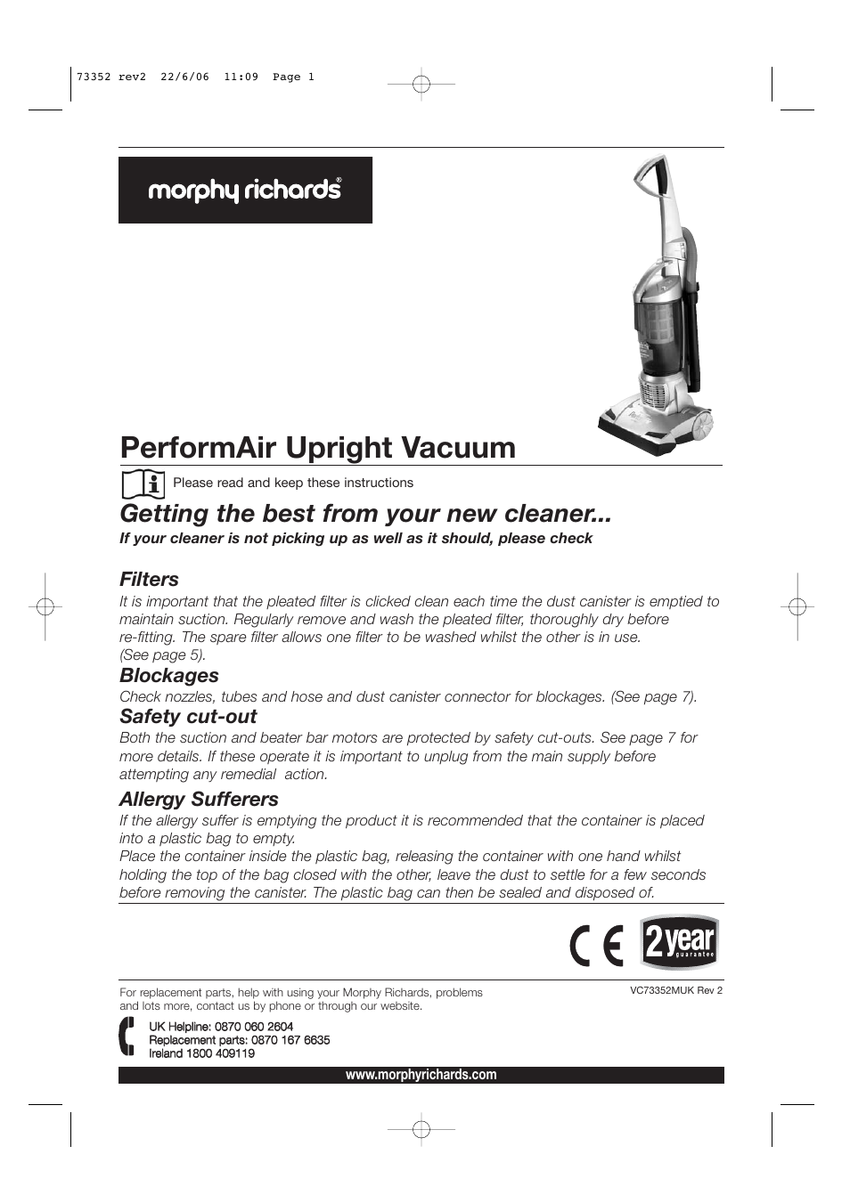 Morphy Richards PerformAir Upright Vacuum User Manual | 8 pages