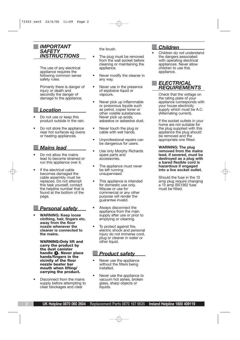 Important safety instructions, Location, Mains lead | Personal safety, Product safety, Children, Electrical requirements | Morphy Richards PerformAir Upright Vacuum User Manual | Page 2 / 8