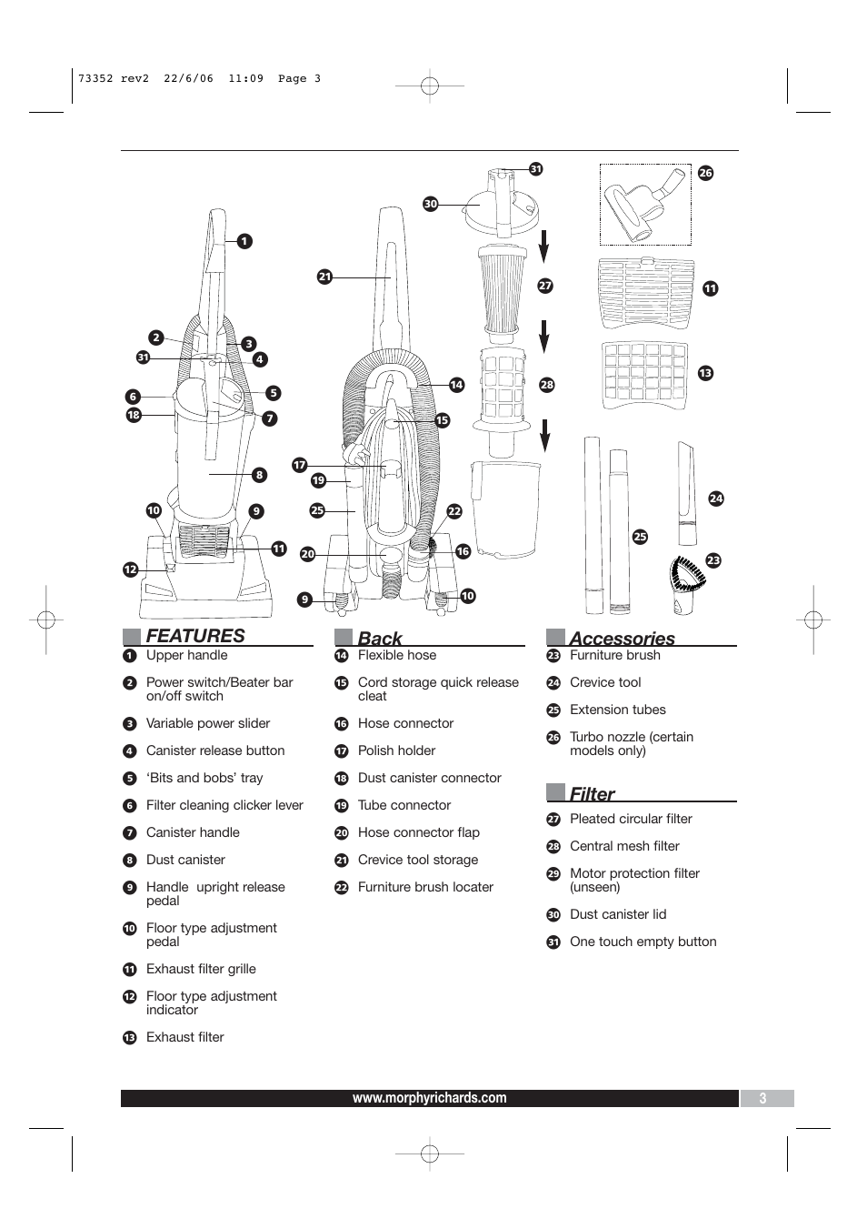 Features, Back, Accessories | Filter | Morphy Richards PerformAir Upright Vacuum User Manual | Page 3 / 8