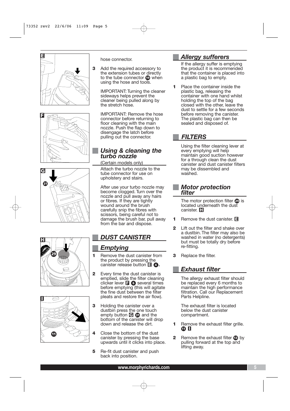 Using & cleaning the turbo nozzle, Dust canister emptying, Allergy sufferers | Filters, Motor protection filter, Exhaust filter | Morphy Richards PerformAir Upright Vacuum User Manual | Page 5 / 8