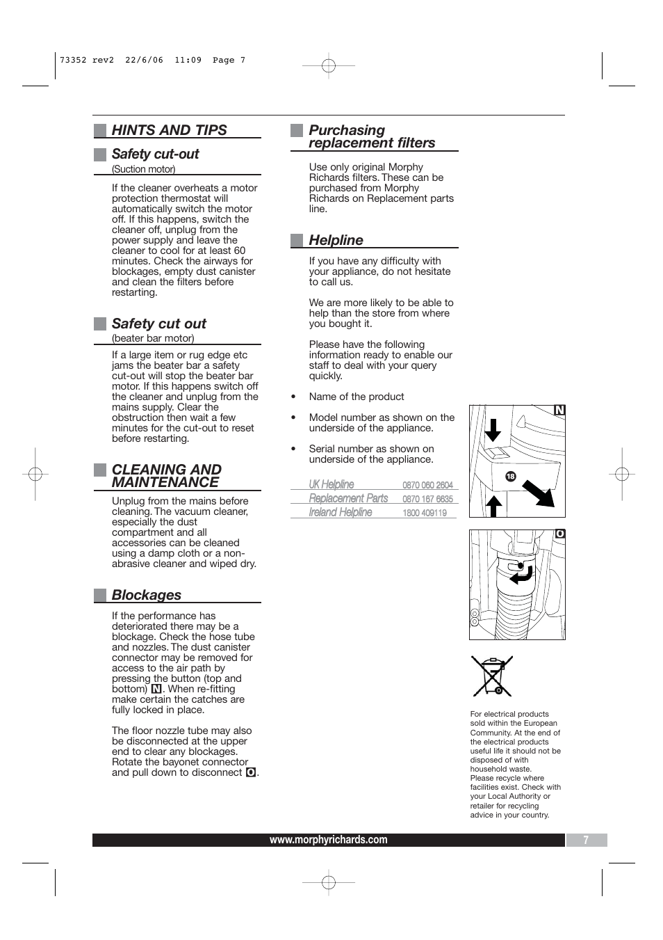 Hints and tips safety cut-out, Safety cut out, Cleaning and maintenance | Blockages, Purchasing replacement filters, Helpline | Morphy Richards PerformAir Upright Vacuum User Manual | Page 7 / 8