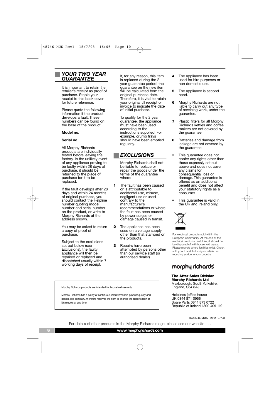 Your two year guarantee, Exclusions | Morphy Richards 48746 User Manual | Page 10 / 10