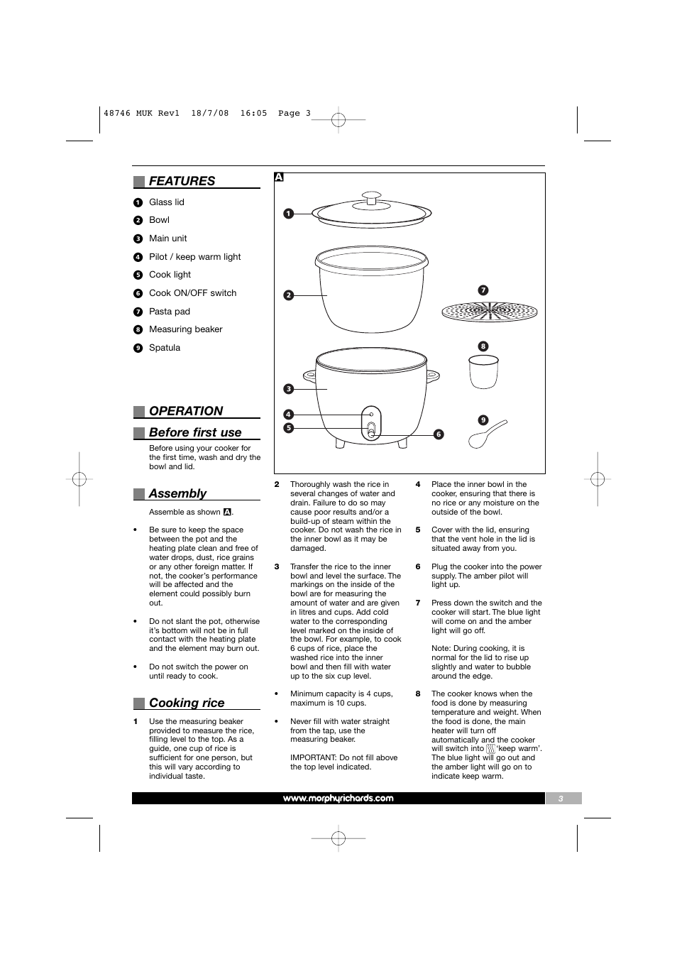 Features, Operation before first use, Assembly | Cooking rice | Morphy Richards 48746 User Manual | Page 3 / 10