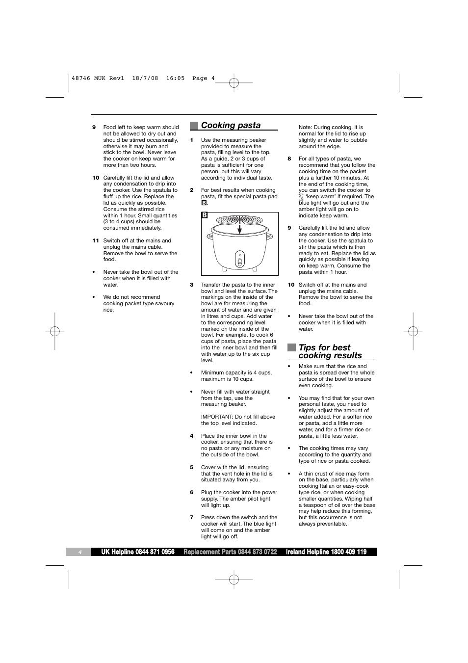 Cooking pasta, Tips for best cooking results | Morphy Richards 48746 User Manual | Page 4 / 10
