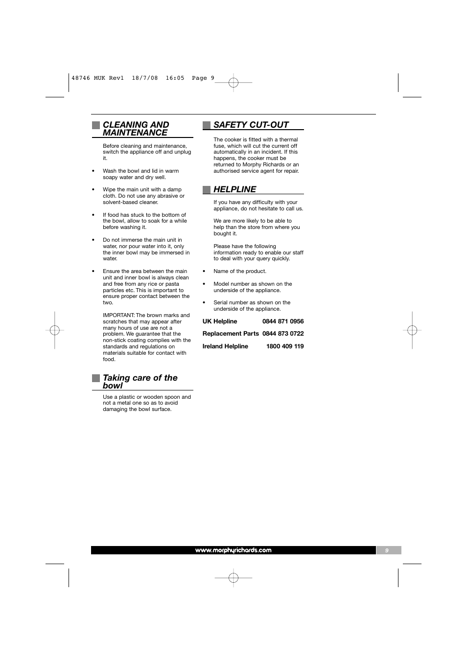 Cleaning and maintenance, Taking care of the bowl, Safety cut-out | Helpline | Morphy Richards 48746 User Manual | Page 9 / 10