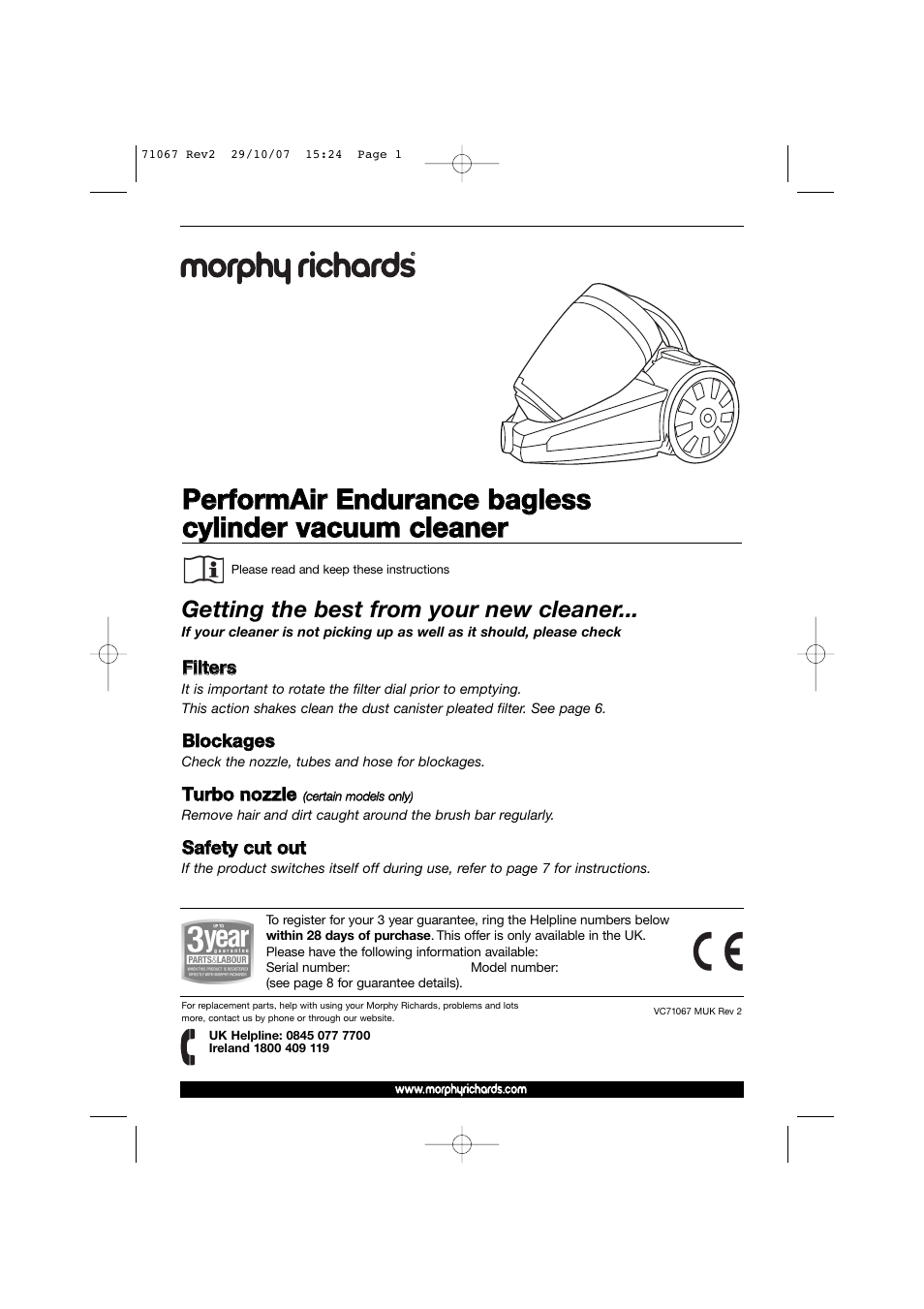 Morphy Richards Bagless Cylinder Vacuum Cleaner User Manual | 8 pages