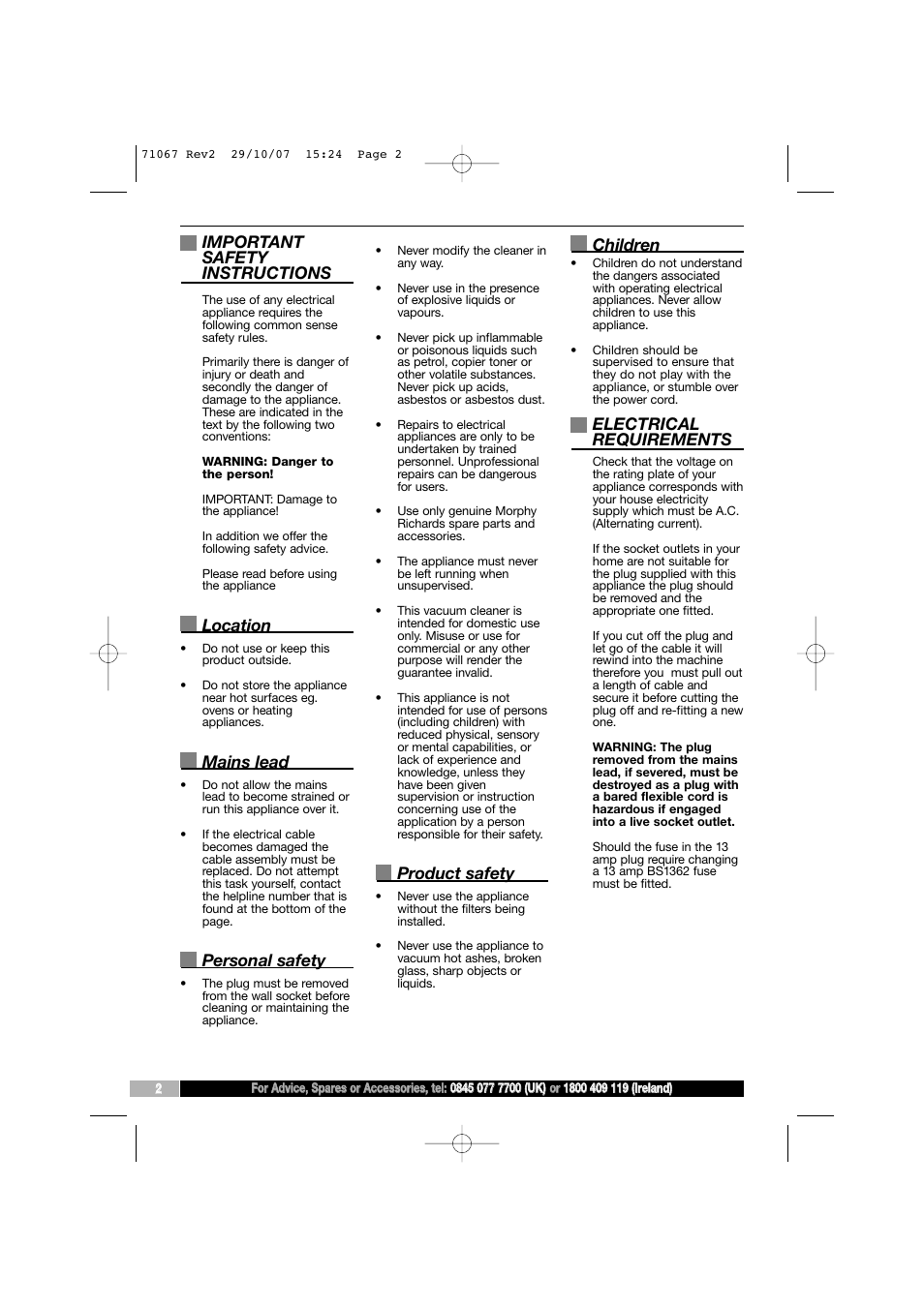 Important safety instructions, Location, Mains lead | Personal safety, Product safety, Children, Electrical requirements | Morphy Richards Bagless Cylinder Vacuum Cleaner User Manual | Page 2 / 8