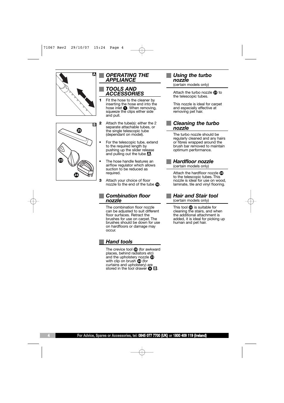 Operating the appliance tools and accessories, Combination floor nozzle, Hand tools | Using the turbo nozzle, Cleaning the turbo nozzle, Hardfloor nozzle, Hair and stair tool | Morphy Richards Bagless Cylinder Vacuum Cleaner User Manual | Page 4 / 8