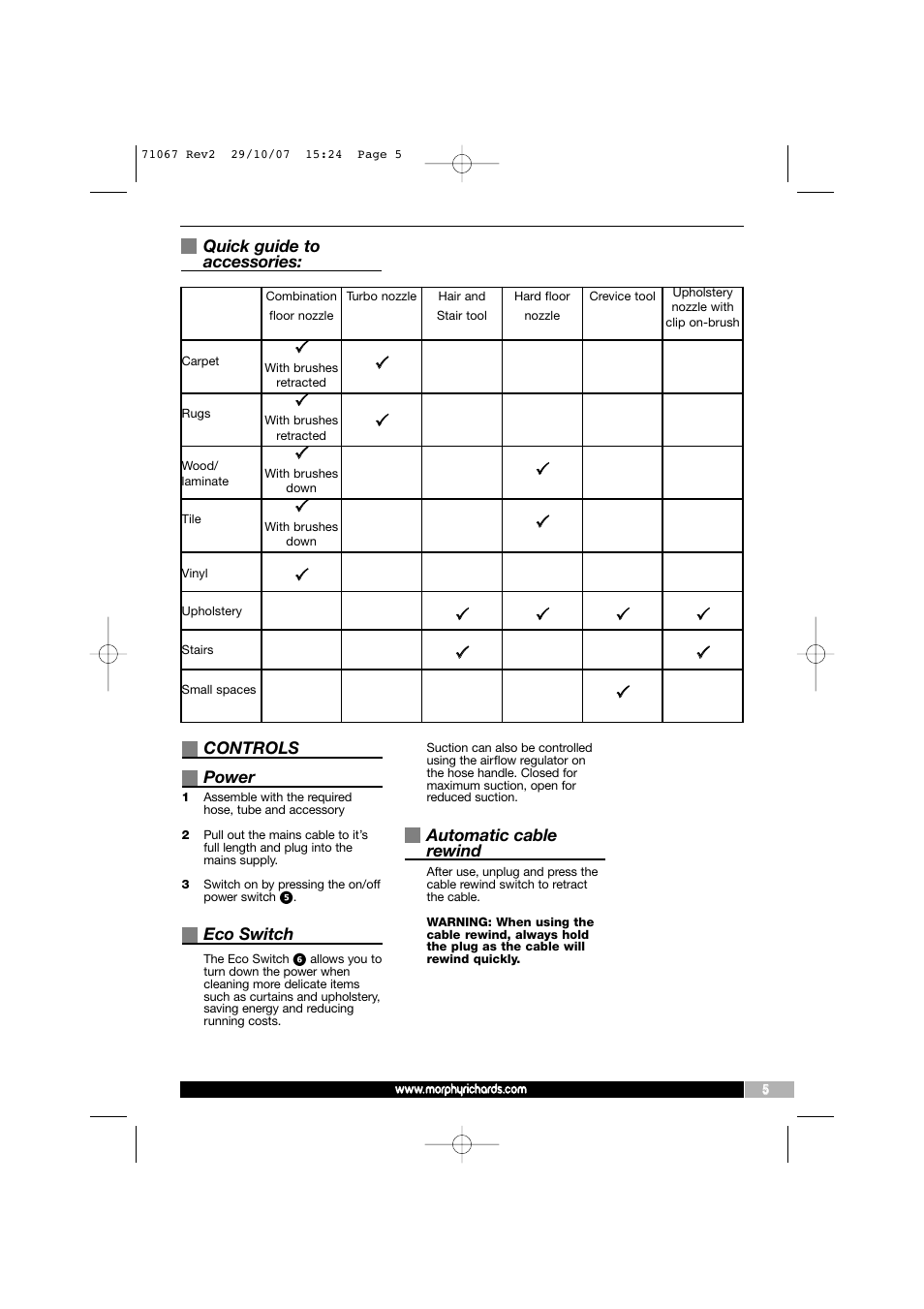 Quick guide to accessories: controls power, Eco switch, Automatic cable rewind | Morphy Richards Bagless Cylinder Vacuum Cleaner User Manual | Page 5 / 8