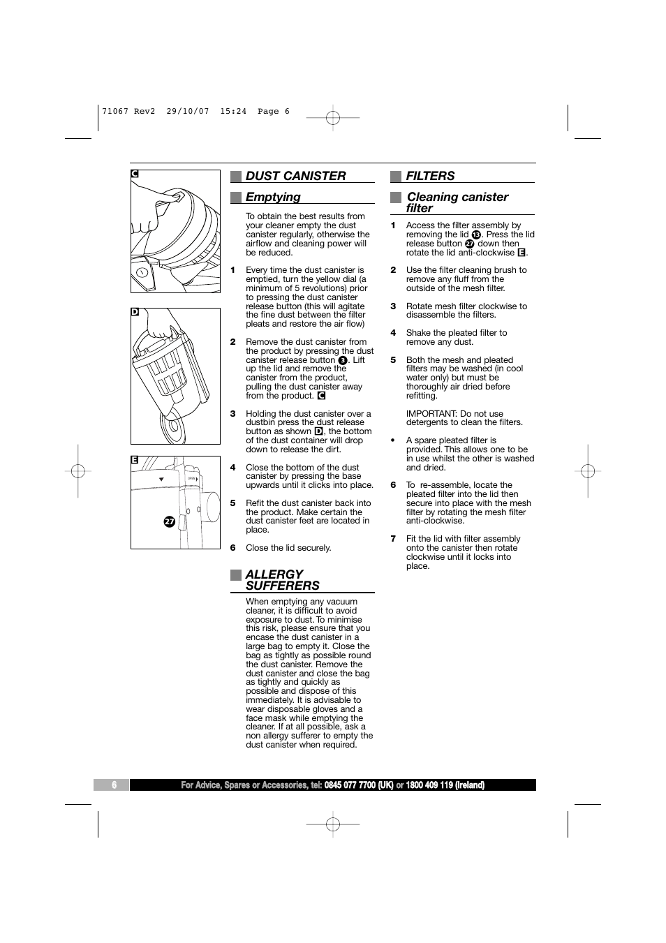 Dust canister emptying, Allergy sufferers, Filters cleaning canister filter | Morphy Richards Bagless Cylinder Vacuum Cleaner User Manual | Page 6 / 8