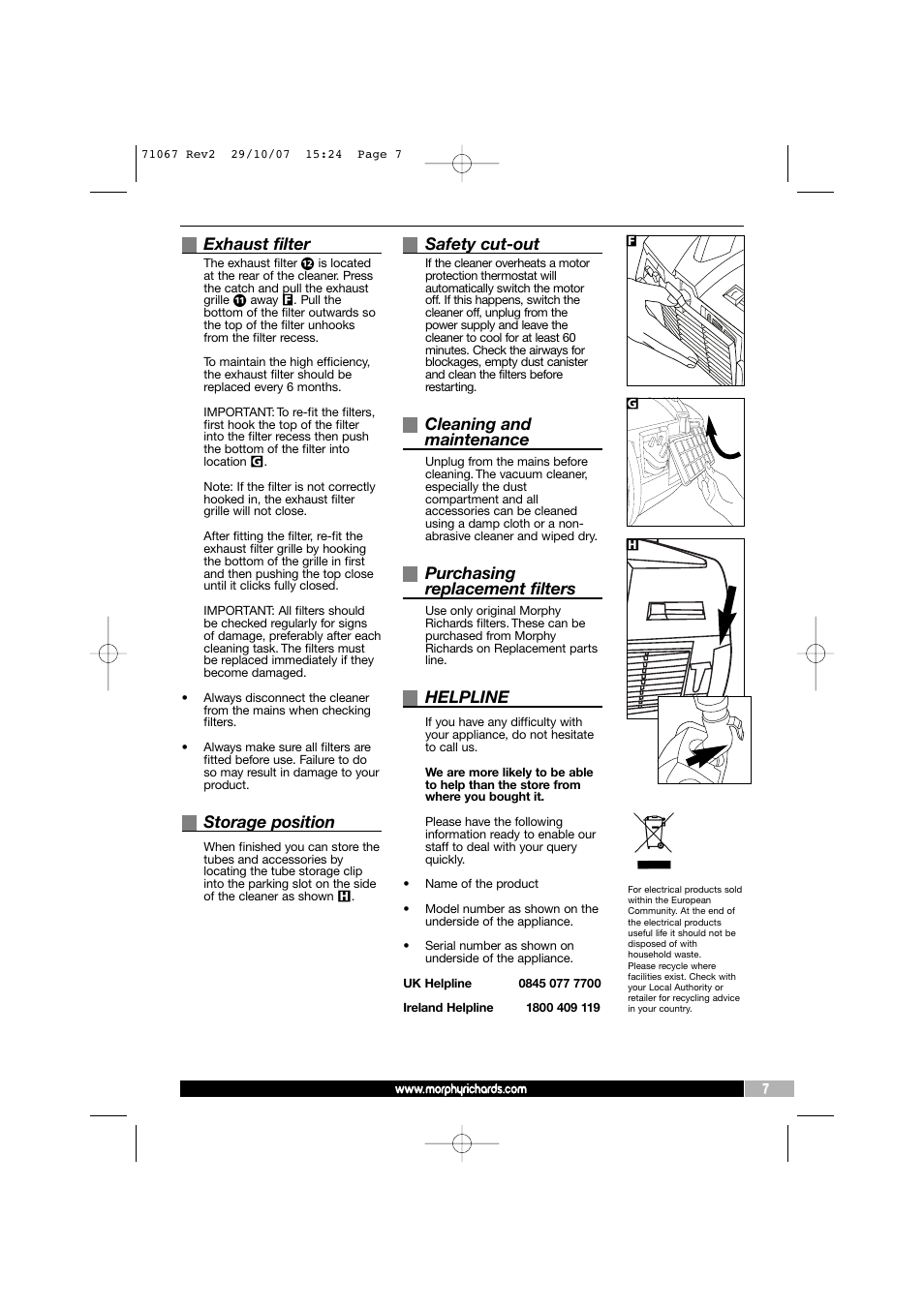 Exhaust filter, Storage position, Safety cut-out | Cleaning and maintenance, Purchasing replacement filters, Helpline | Morphy Richards Bagless Cylinder Vacuum Cleaner User Manual | Page 7 / 8