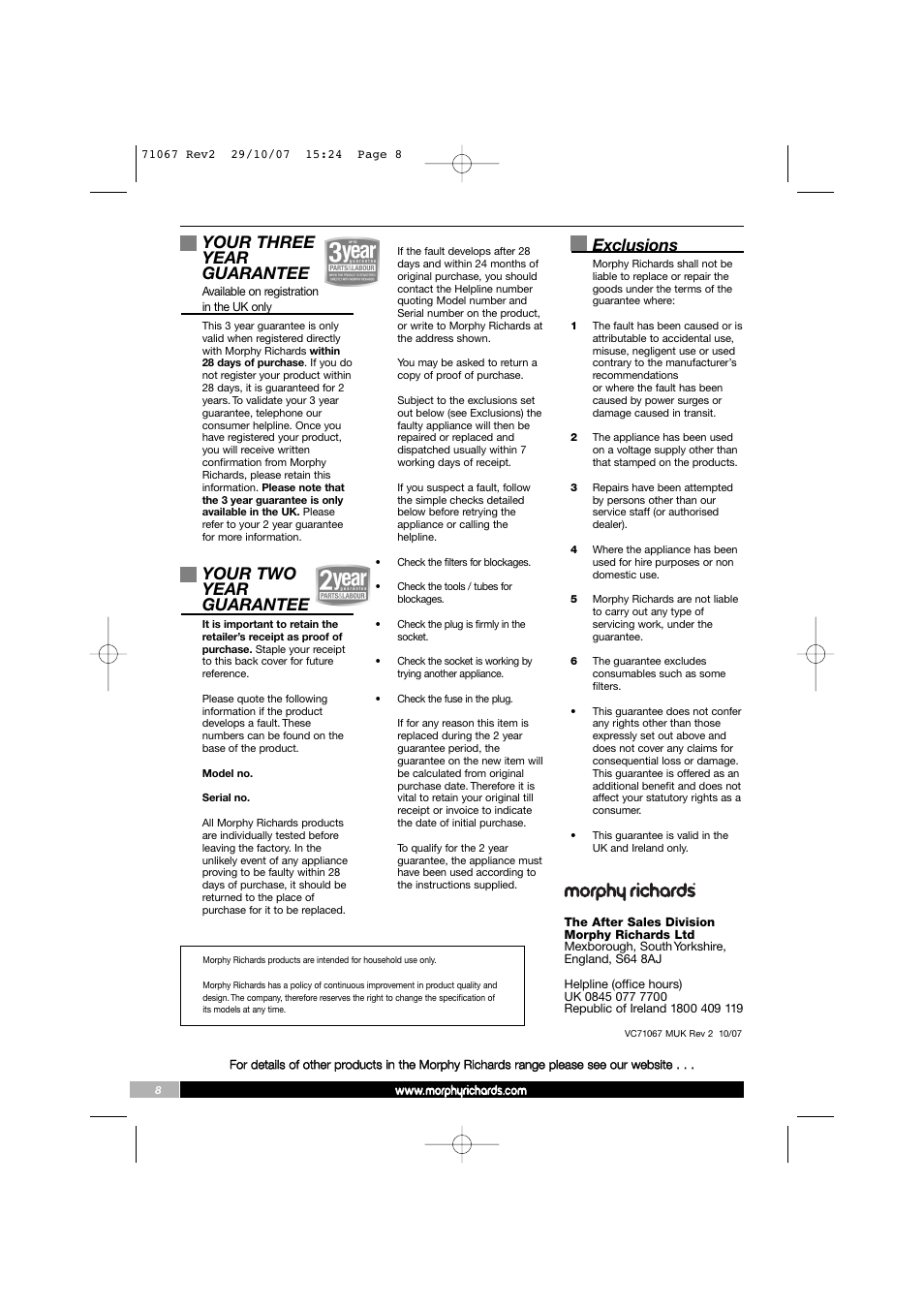 Your three year guarantee, Your two year guarantee, Exclusions | Morphy Richards Bagless Cylinder Vacuum Cleaner User Manual | Page 8 / 8
