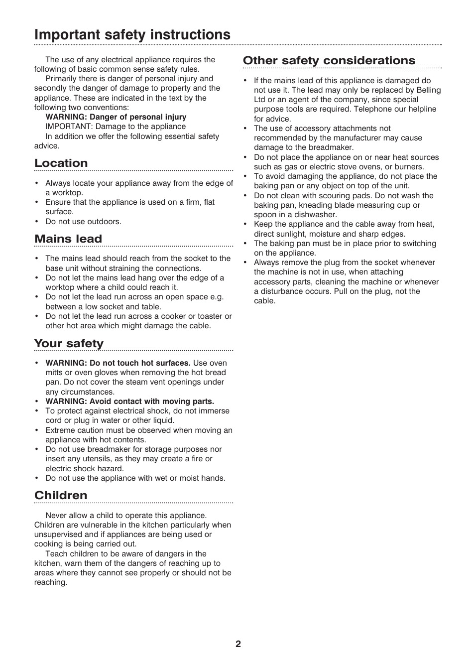Important safety instructions, Location, Mains lead | Your safety, Children, Other safety considerations | Morphy Richards Compact breadmaker User Manual | Page 2 / 26