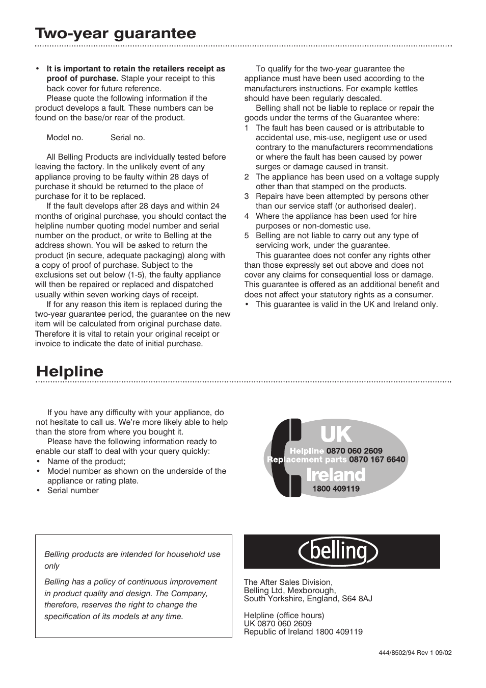 Two-year guarantee, Helpline | Morphy Richards Compact breadmaker User Manual | Page 26 / 26