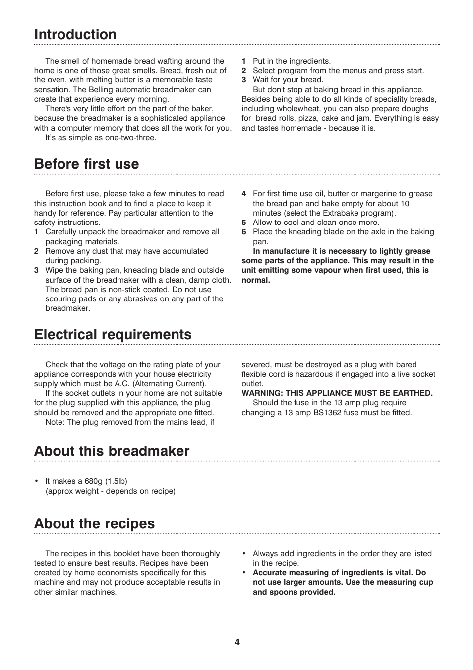 Electrical requirements, About this breadmaker about the recipes, Introduction | Before first use | Morphy Richards Compact breadmaker User Manual | Page 4 / 26