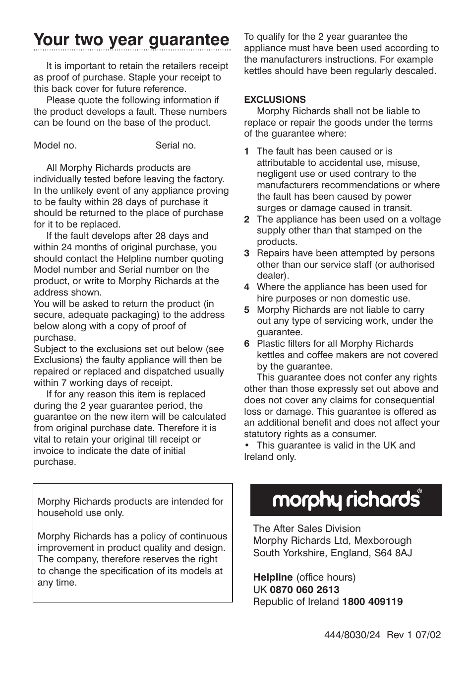 Your two year guarantee | Morphy Richards 3-in-1 basket fryer User Manual | Page 10 / 10
