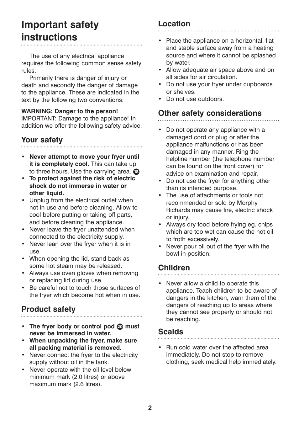 Important safety instructions, Your safety, Product safety | Location, Other safety considerations, Children, Scalds | Morphy Richards 3-in-1 basket fryer User Manual | Page 2 / 10