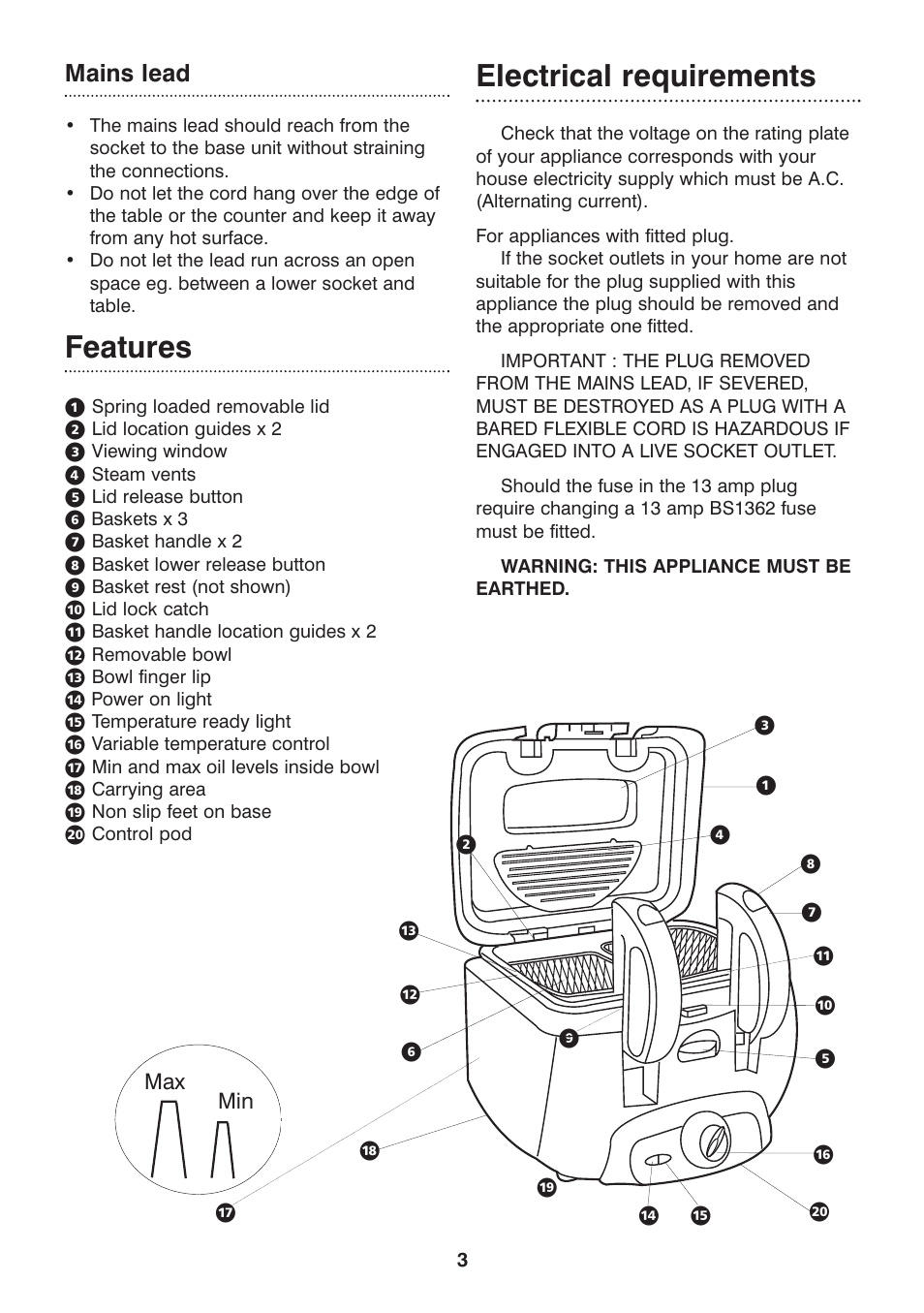Features, Electrical requirements, Mains lead | Morphy Richards 3-in-1 basket fryer User Manual | Page 3 / 10