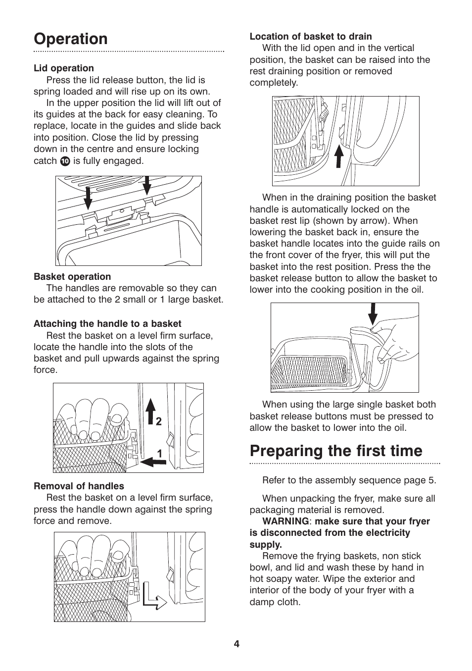 Operation, Preparing the first time | Morphy Richards 3-in-1 basket fryer User Manual | Page 4 / 10
