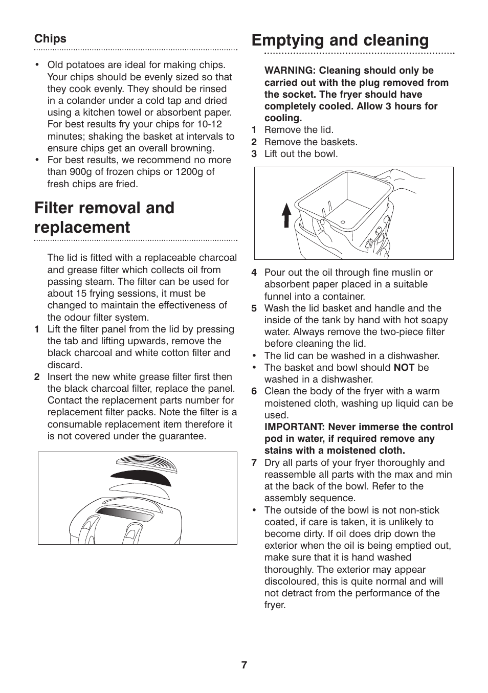 Filter removal and replacement, Emptying and cleaning | Morphy Richards 3-in-1 basket fryer User Manual | Page 7 / 10