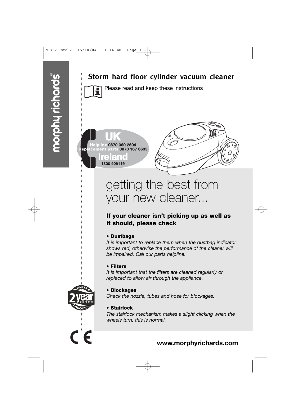 Morphy Richards Storm hard floor cylinder vacuum cleaner User Manual | 12 pages