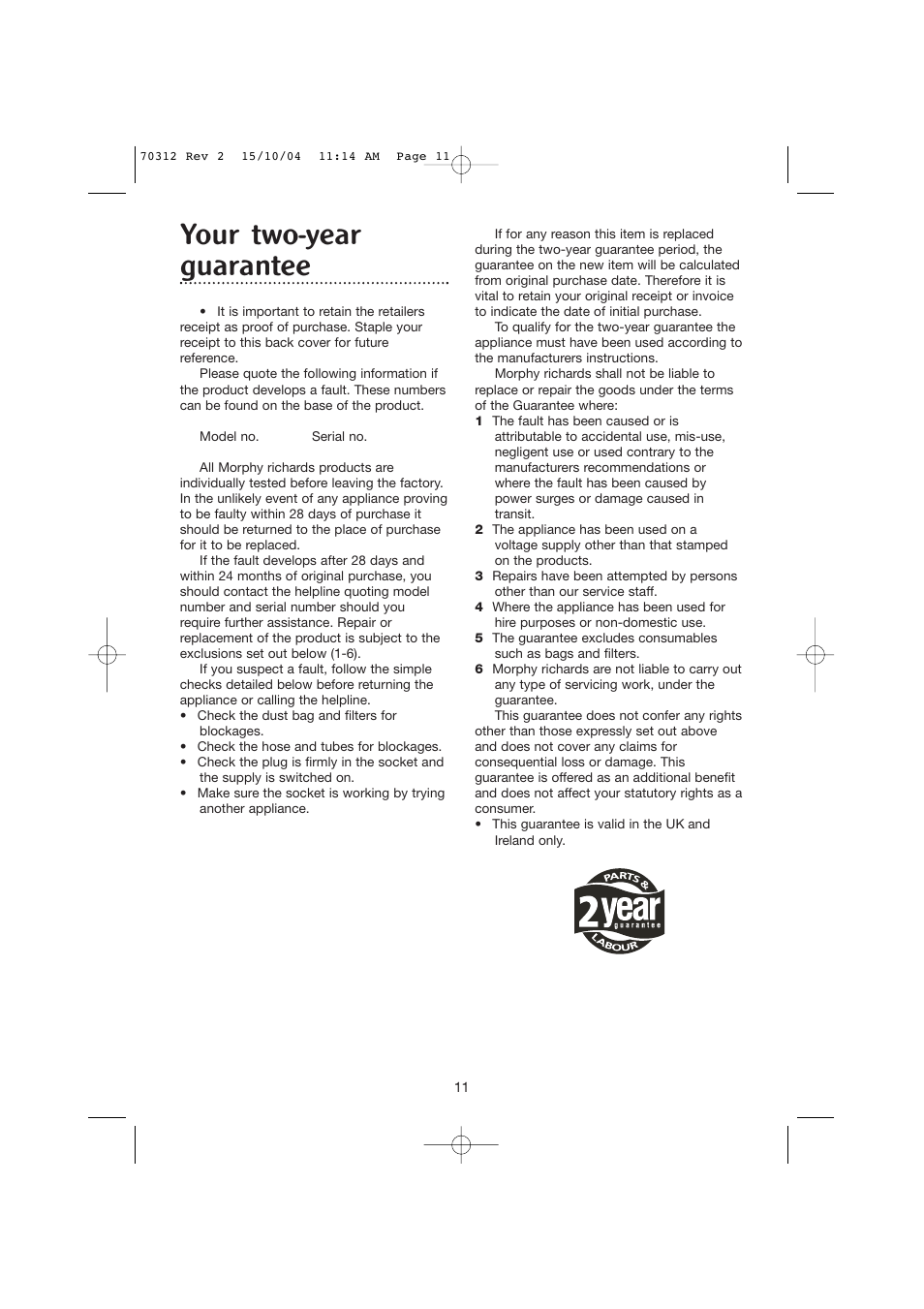 Your two-year guarantee | Morphy Richards Storm hard floor cylinder vacuum cleaner User Manual | Page 11 / 12