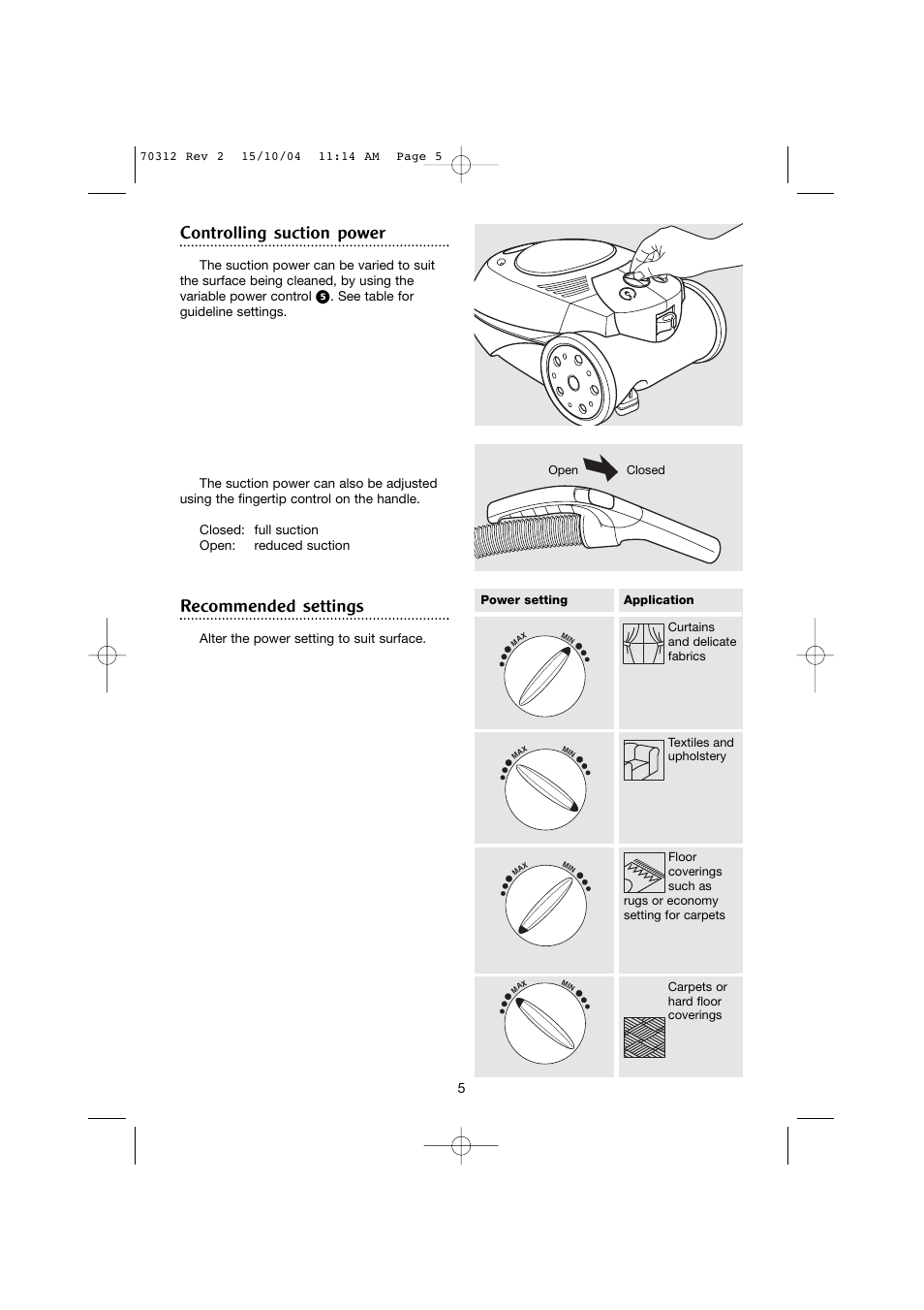 Controlling suction power, Recommended settings | Morphy Richards Storm hard floor cylinder vacuum cleaner User Manual | Page 5 / 12