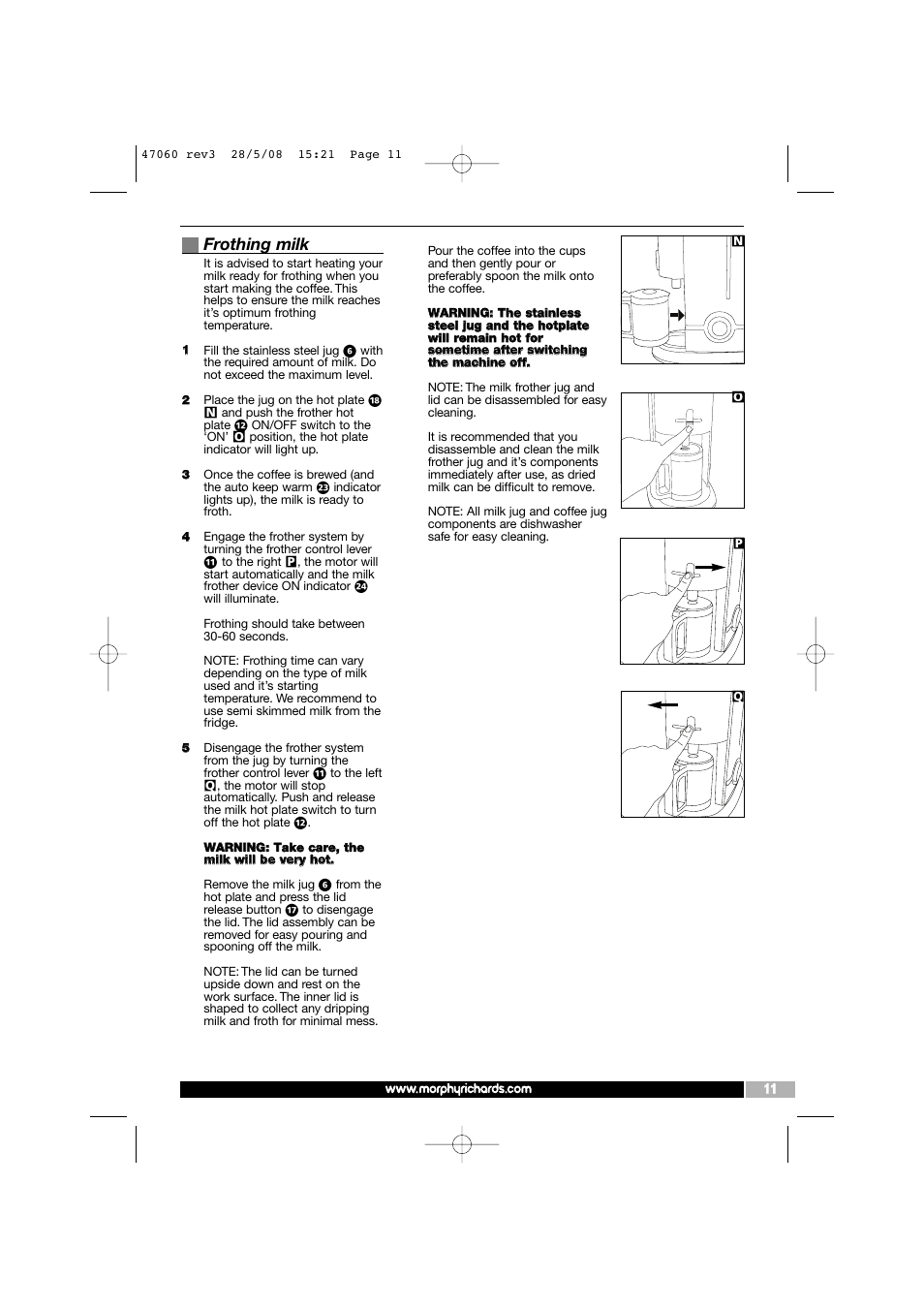 Frothing milk | Morphy Richards 47060 User Manual | Page 11 / 16