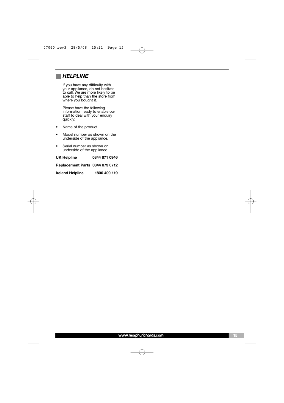 Helpline | Morphy Richards 47060 User Manual | Page 15 / 16