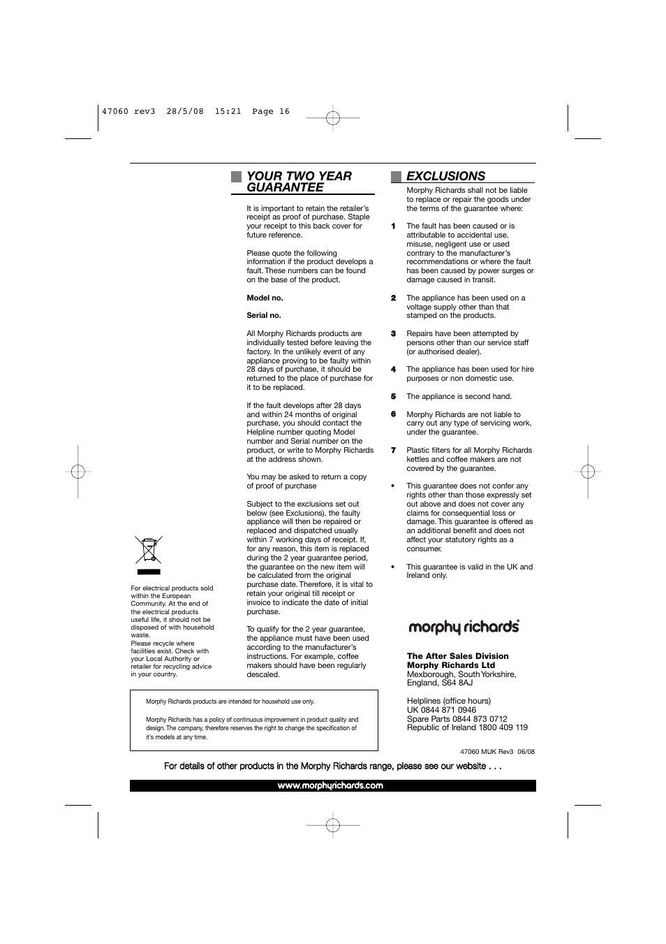 Your two year guarantee, Exclusions | Morphy Richards 47060 User Manual | Page 16 / 16