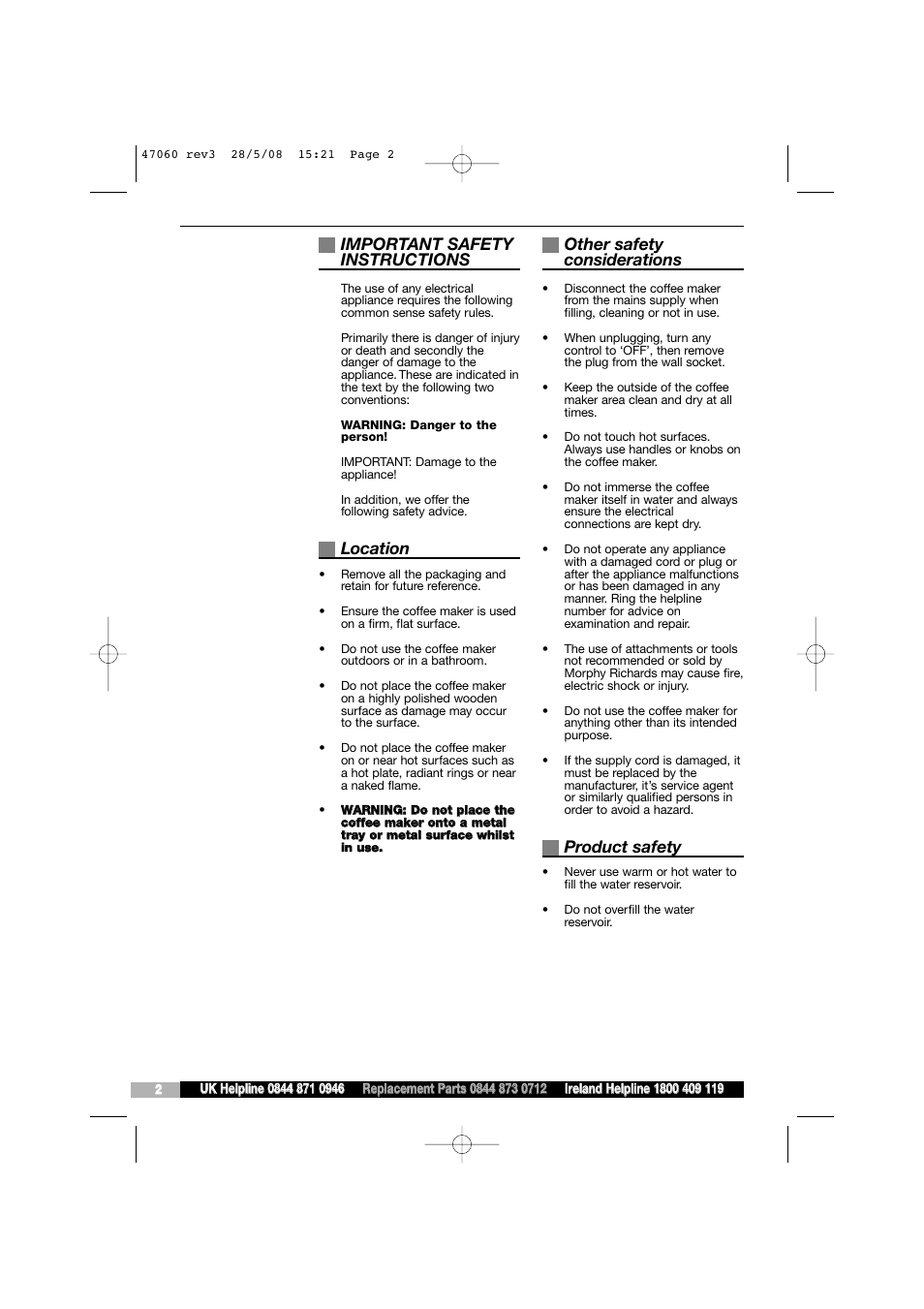 Important safety instructions, Location, Other safety considerations | Product safety | Morphy Richards 47060 User Manual | Page 2 / 16