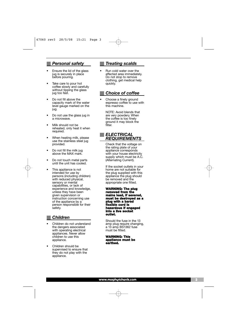 Personal safety, Children, Treating scalds | Choice of coffee, Electrical requirements | Morphy Richards 47060 User Manual | Page 3 / 16