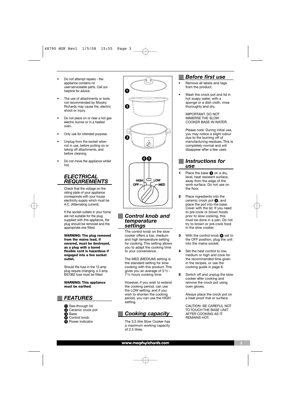 Electrical requirements, Features, Control knob and temperature settings | Cooking capacity, Before first use, Instructions for use | Morphy Richards 48790 User Manual | Page 3 / 20