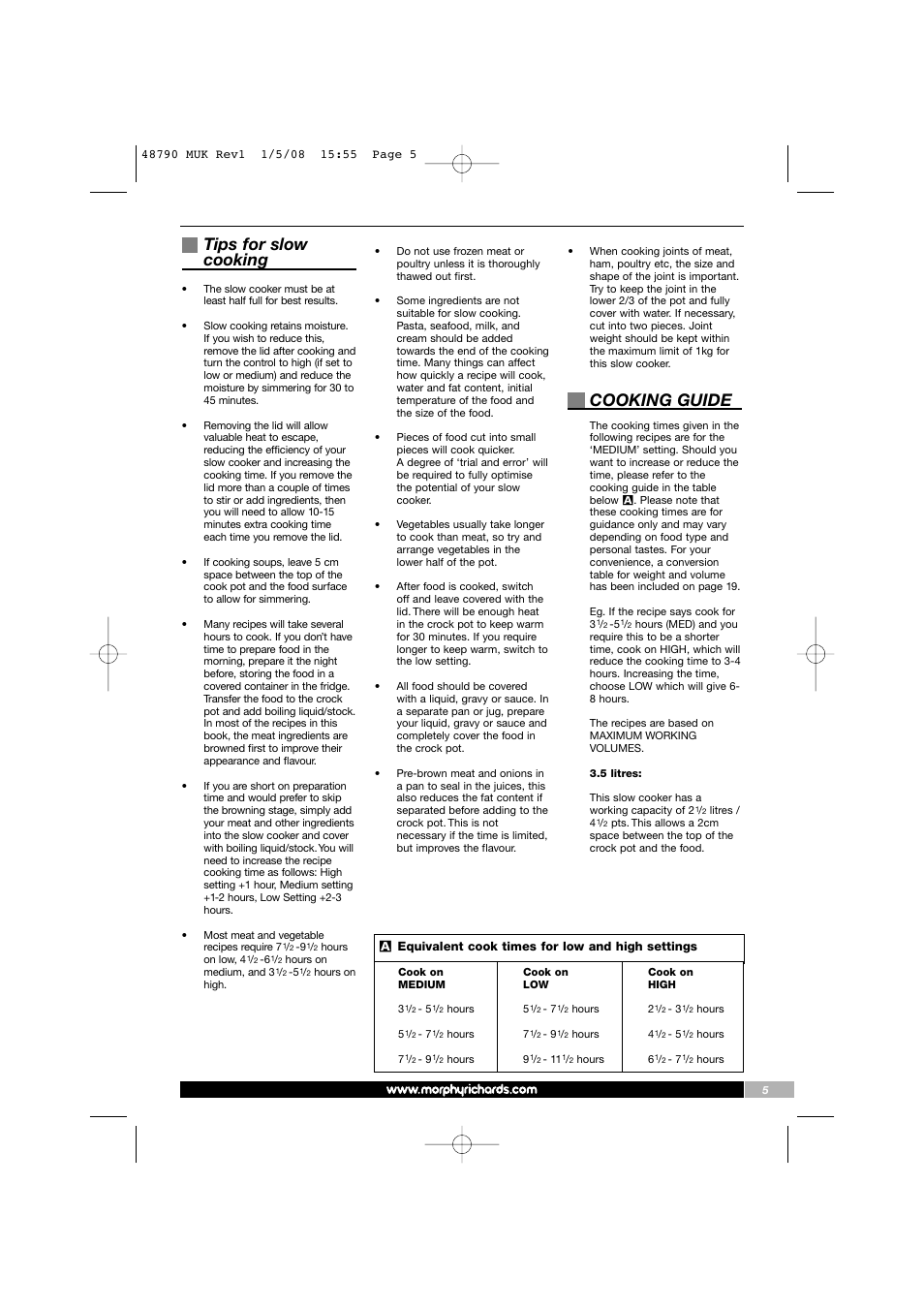 Tips for slow cooking, Cooking guide | Morphy Richards 48790 User Manual | Page 5 / 20