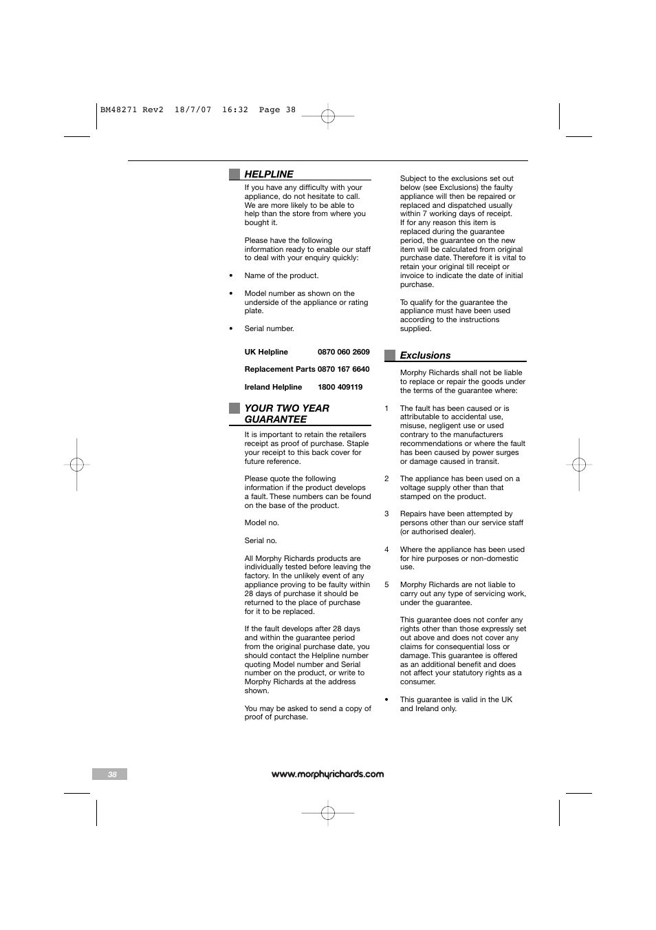 Morphy Richards BM48271 User Manual | Page 38 / 40