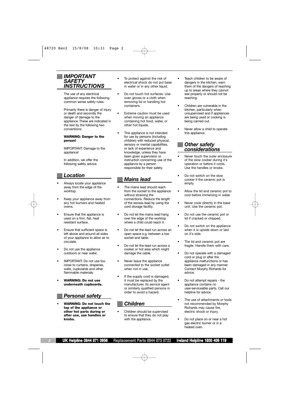 Important safety instructions, Location, Personal safety | Mains lead, Children, Other safety considerations | Morphy Richards 48720 User Manual | Page 2 / 20