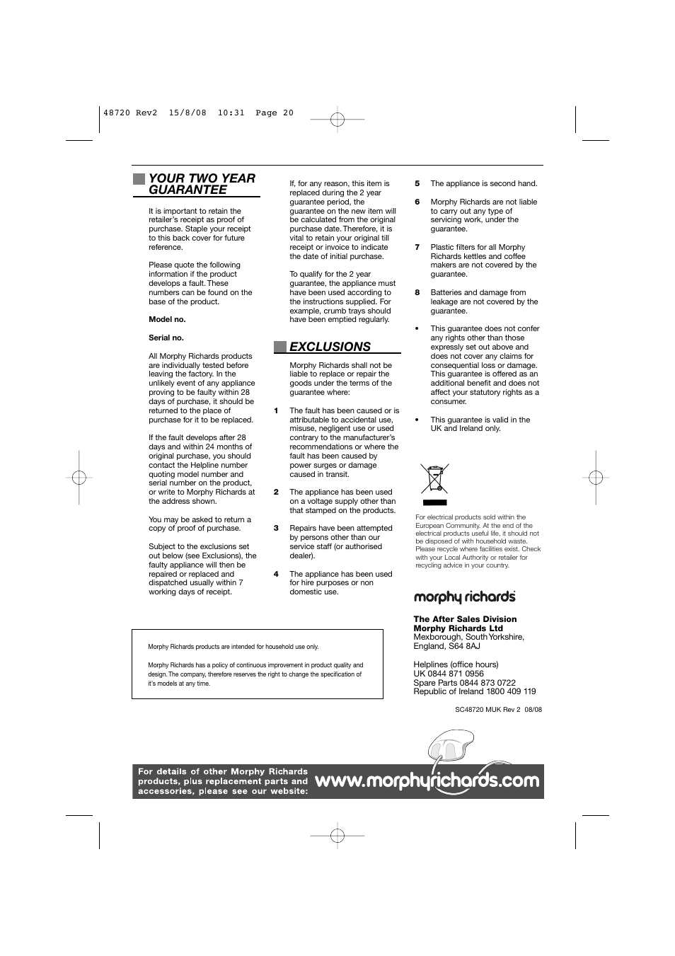 Your two year guarantee, Exclusions | Morphy Richards 48720 User Manual | Page 20 / 20