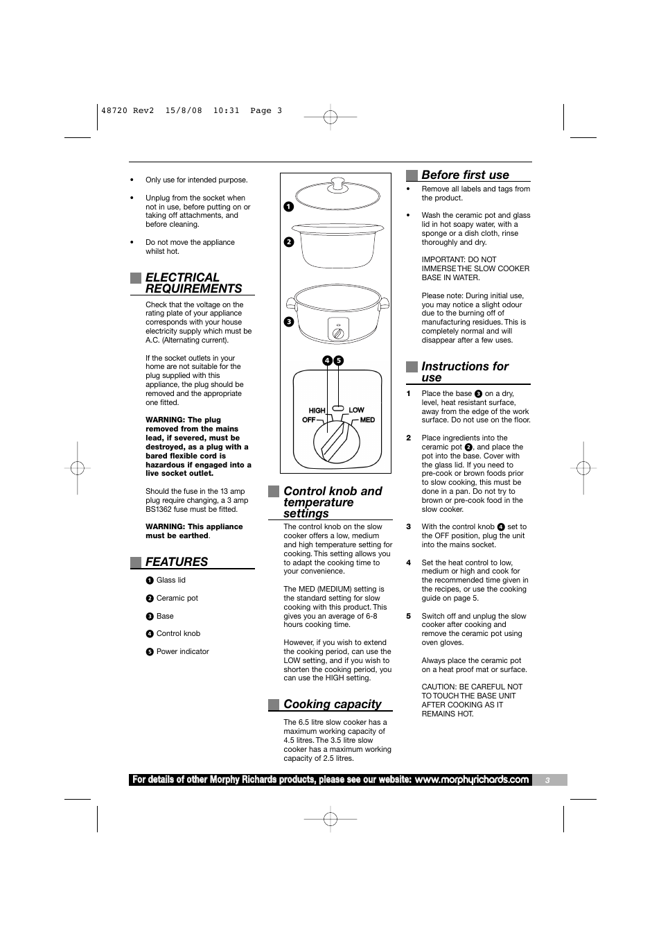 Electrical requirements, Features, Control knob and temperature settings | Cooking capacity, Before first use, Instructions for use | Morphy Richards 48720 User Manual | Page 3 / 20
