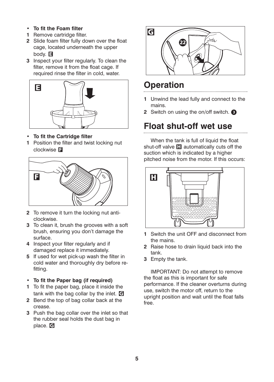 Operation, Float shut-off wet use, Ef g h ф | Morphy Richards Boxer wet & dry vacuum cleaner User Manual | Page 5 / 8