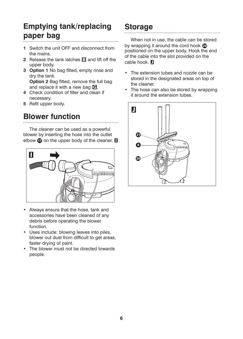 Emptying tank/replacing paper bag, Blower function, Storage | Morphy Richards Boxer wet & dry vacuum cleaner User Manual | Page 6 / 8