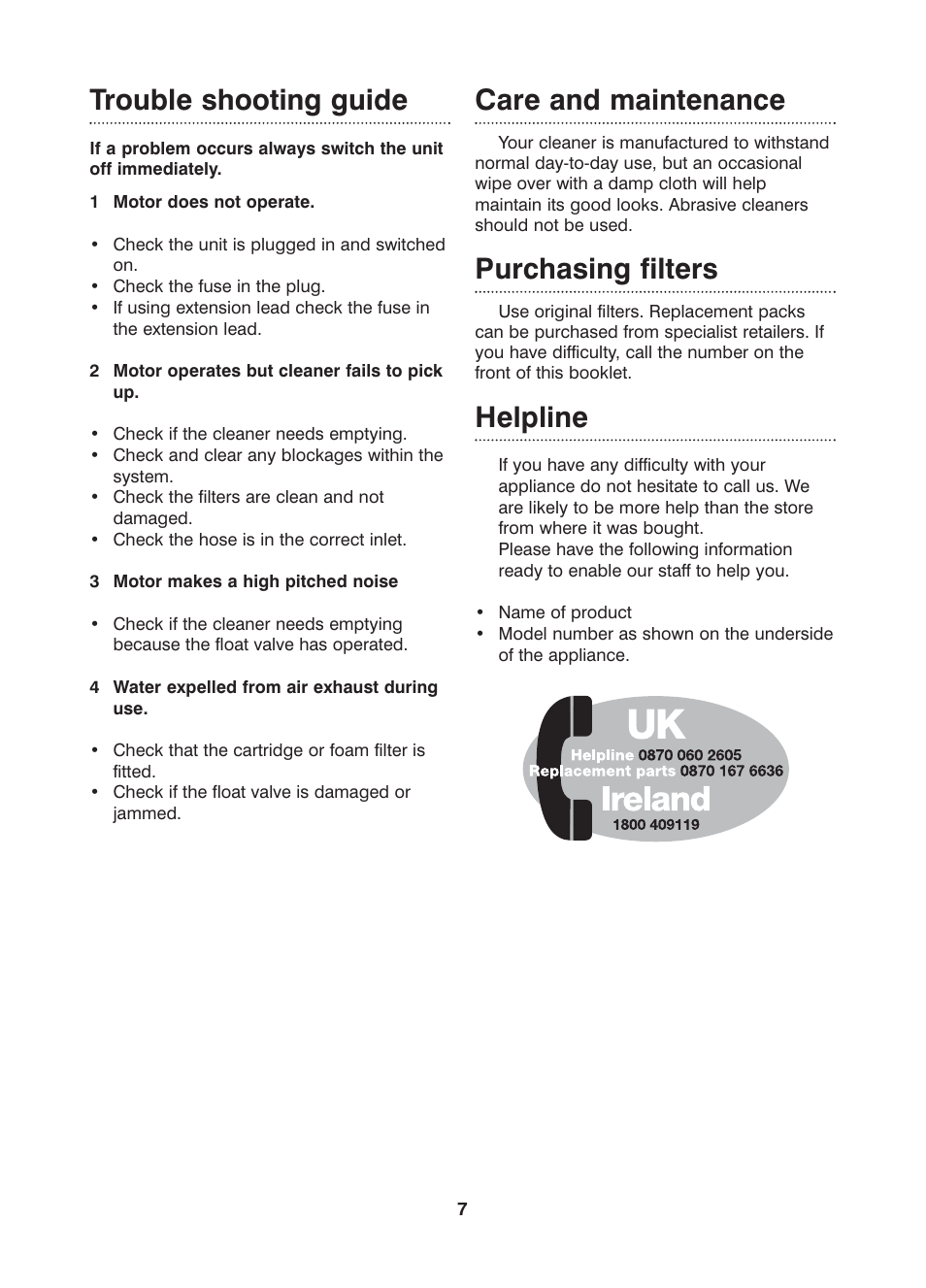 Trouble shooting guide, Care and maintenance, Purchasing filters | Helpline | Morphy Richards Boxer wet & dry vacuum cleaner User Manual | Page 7 / 8