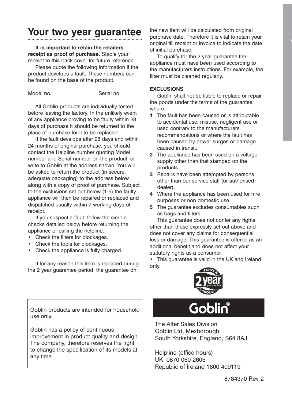 Your two year guarantee | Morphy Richards Boxer wet & dry vacuum cleaner User Manual | Page 8 / 8