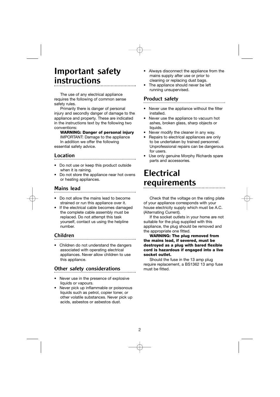 Important safety instructions, Electrical requirements, Location | Mains lead, Children, Other safety considerations, Product safety | Morphy Richards BULLDOG CYLINDER 70191REV2 User Manual | Page 2 / 10