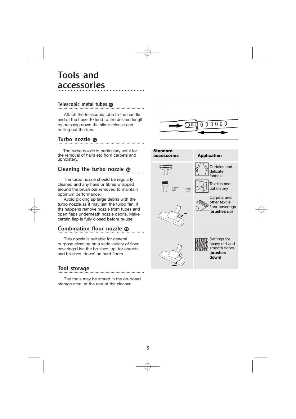 Tools and accessories, Telescopic metal tubes, Turbo nozzle | Cleaning the turbo nozzle, Combination floor nozzle, Tool storage | Morphy Richards BULLDOG CYLINDER 70191REV2 User Manual | Page 5 / 10