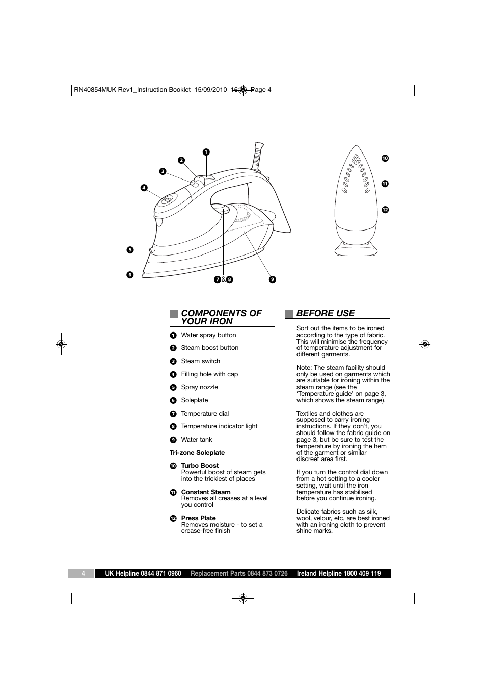 Components of your iron, Before use | Morphy Richards COMFIGRIP RN40854 User Manual | Page 4 / 8