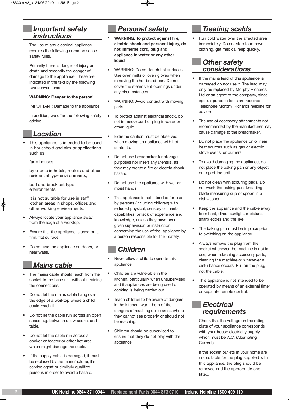 Important safety instructions, Location, Mains cable | Personal safety, Children, Treating scalds, Other safety considerations, Electrical requirements | Morphy Richards DAILY LOAF BM48330 User Manual | Page 2 / 16