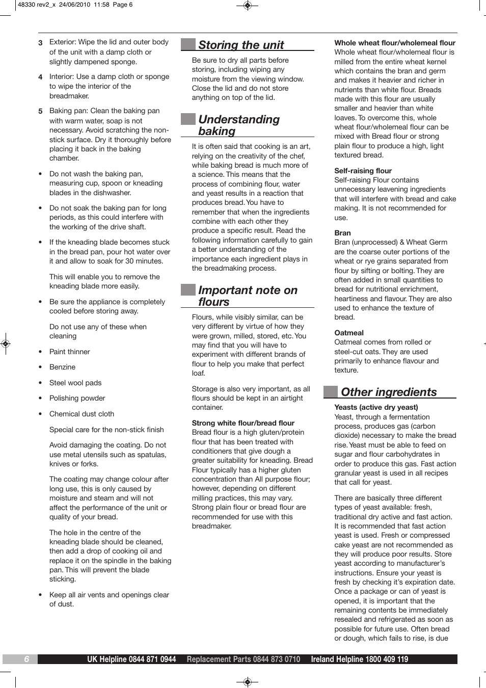 Storing the unit, Understanding baking, Other ingredients | Morphy Richards DAILY LOAF BM48330 User Manual | Page 6 / 16