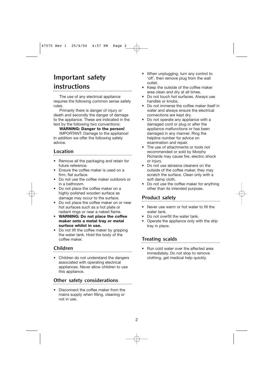 Important safety instructions, Location, Children | Other safety considerations, Product safety, Treating scalds | Morphy Richards Pump action espresso User Manual | Page 2 / 8