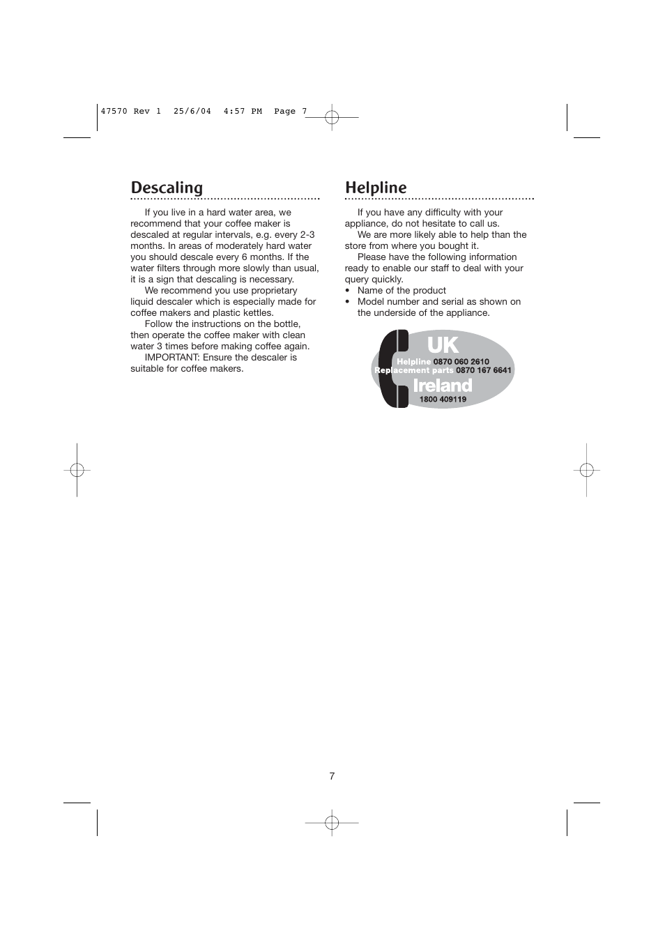 Descaling, Helpline | Morphy Richards Pump action espresso User Manual | Page 7 / 8