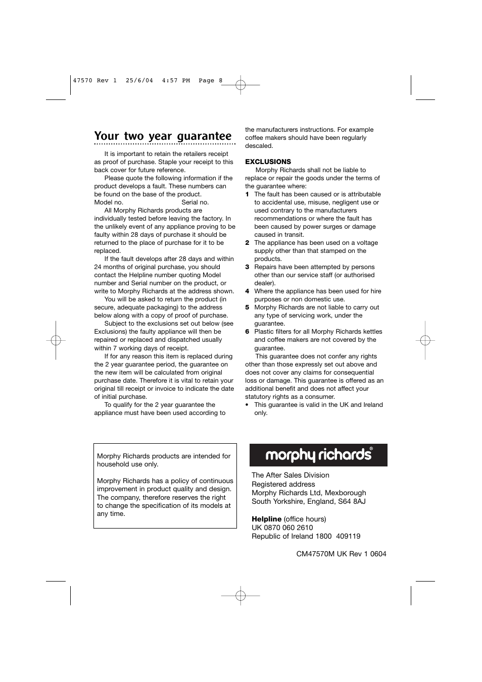 Your two year guarantee | Morphy Richards Pump action espresso User Manual | Page 8 / 8